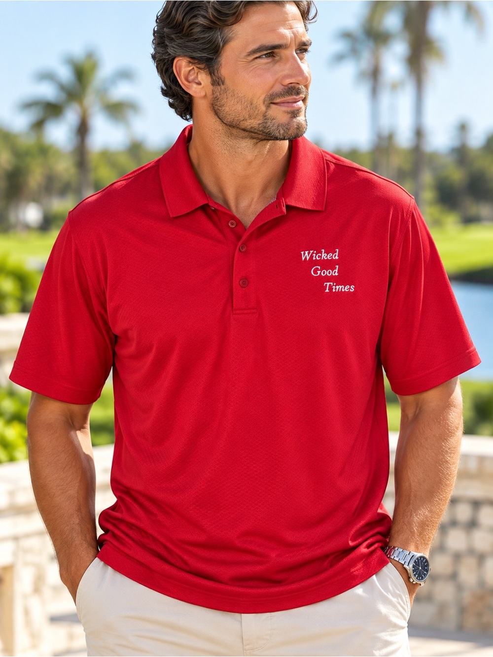 Nike Golf Men's L Red Dri-FIT Wicked Good Times Embroidered Polo #784